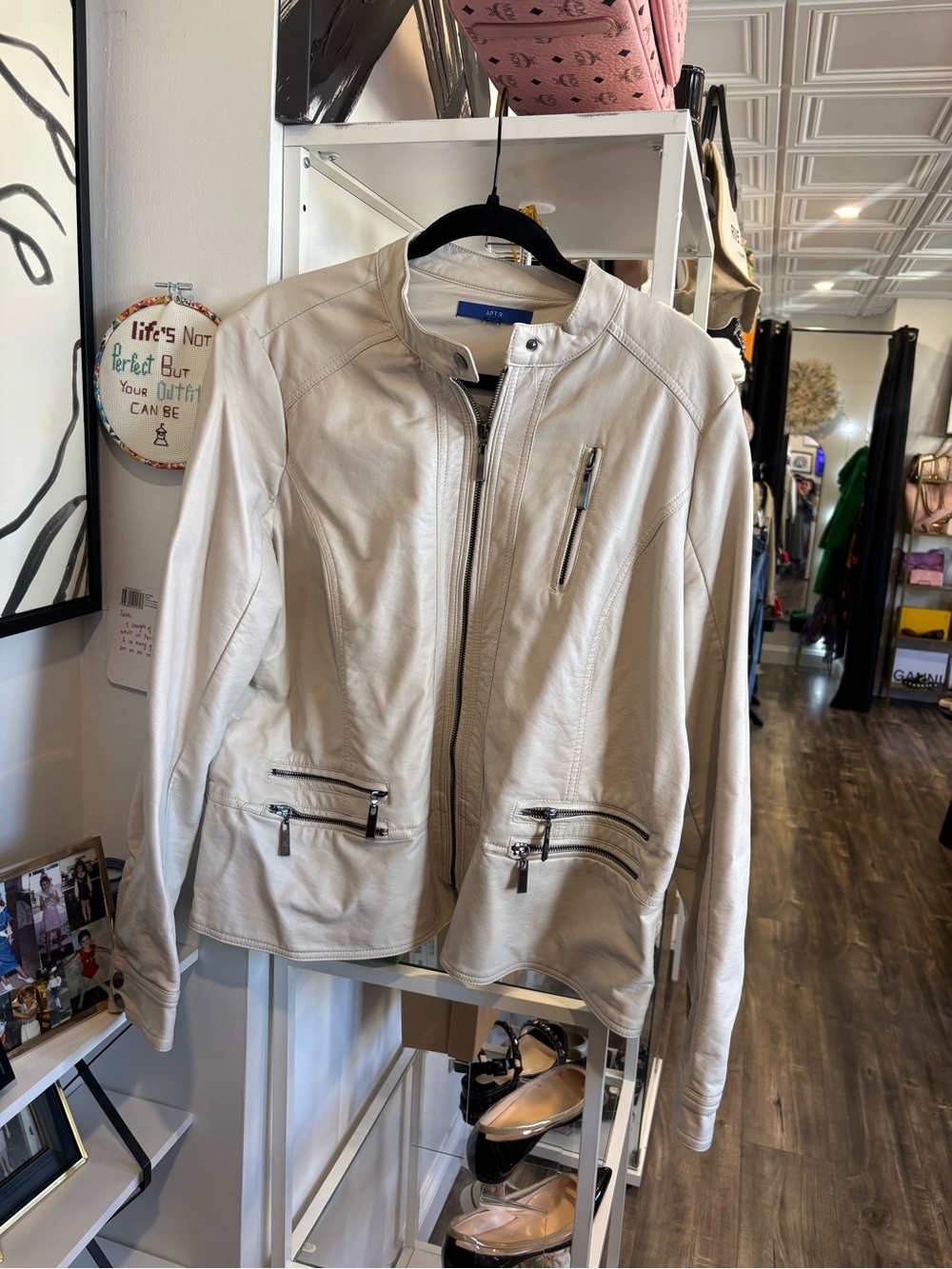 Apt. 9 Cream faux leather Moto Jacket with Zip Pockets